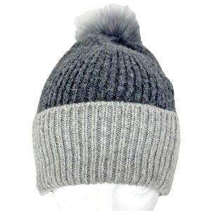 Dawn Levy 100% Wool Knit Faux Fur Pom Black and Gray Beanie Hat Warm Cozy Winter